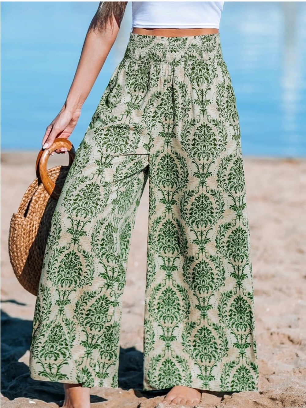 Wide Leg Printed Linen-Blend Pants